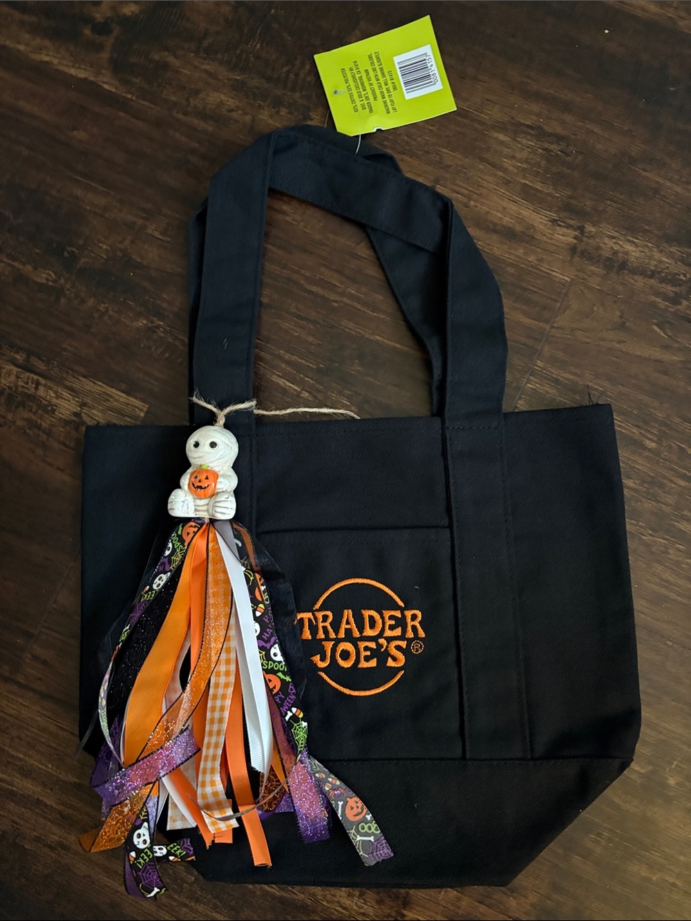 Black Canvas Tote with Halloween Ribbon Charm Trader Joe’s and Cracker Barrel
